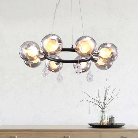 Modern Smoke Grey Glass Orb Pendant Chandelier With Droplet - 8 Lights Black Gray