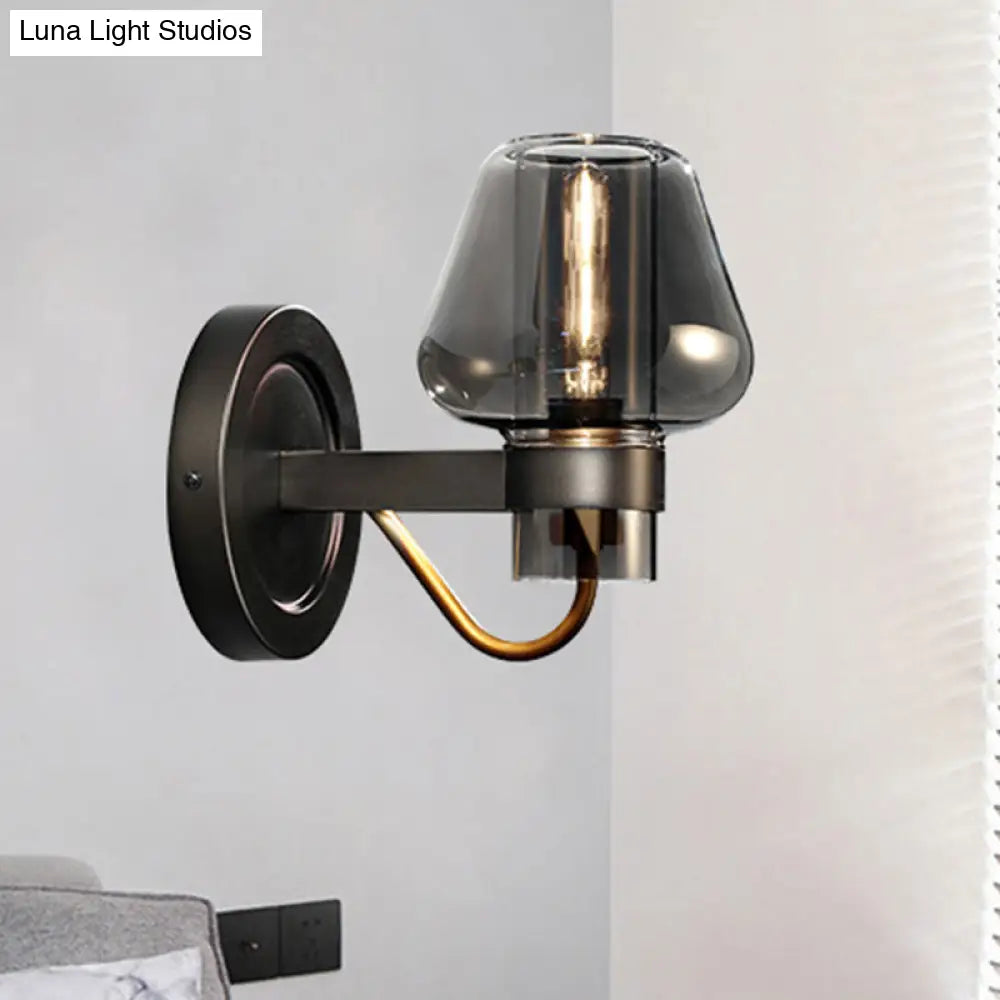 Modern Smoked Glass Mushroom Sconce Light For Bedroom - Black One-Light Lighting Fixture