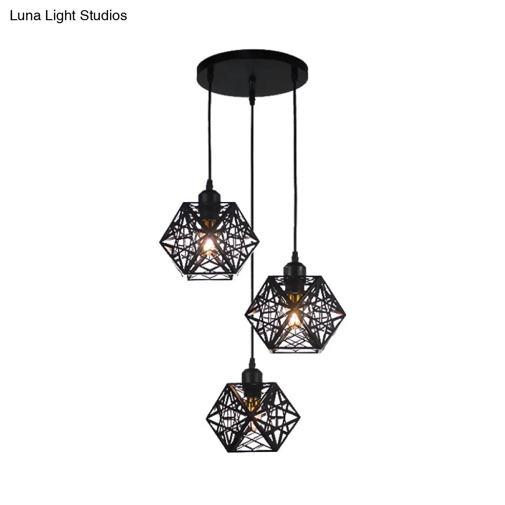 Modern Snowflake Cage Pendant Light With 3 Iron Lights - Hotel Grade In White/Black