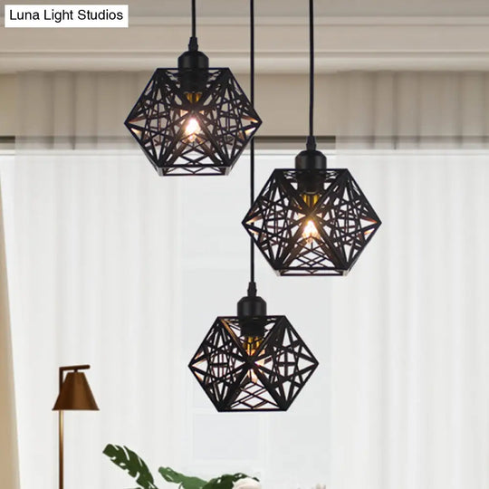 Snowflake Cage Pendant Iron 3-Light Ceiling Light In White/Black - Modern Novelty For Hotels Black