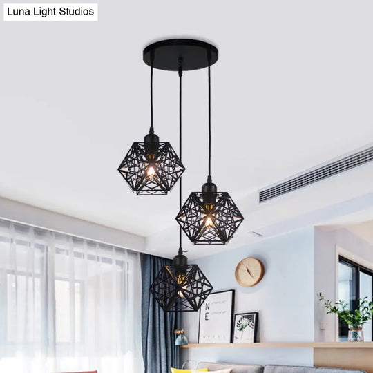 Snowflake Cage Pendant Iron 3-Light Ceiling Light In White/Black - Modern Novelty For Hotels