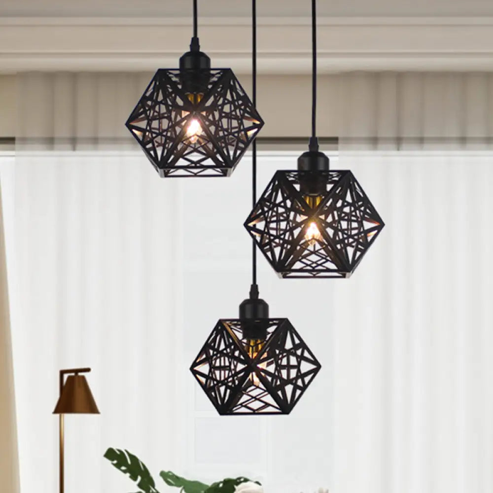 Modern Snowflake Cage Pendant Light With 3 Iron Lights - Hotel Grade In White/Black Black