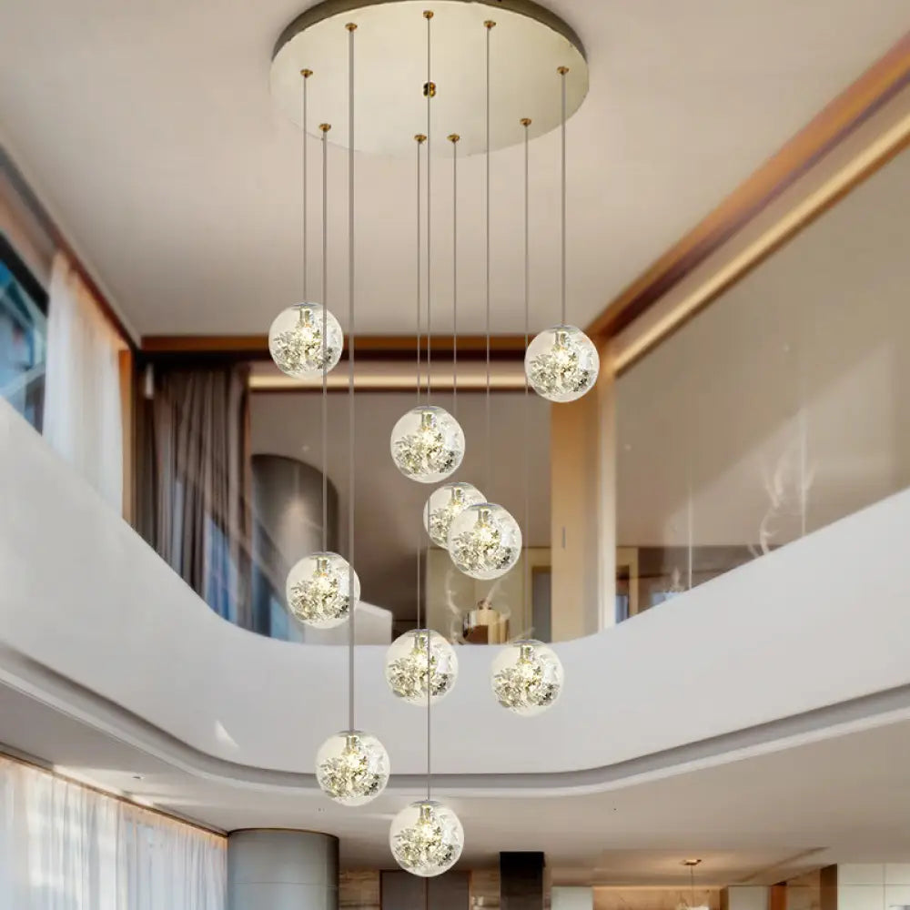 Modern Sphere Chandelier With Clear Glass And Gold Metal Floral Accents - 10 Lights For Stairways