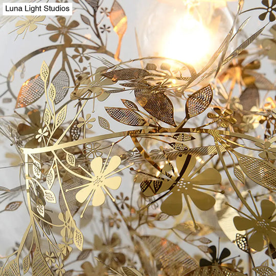 Minimalist Clear Glass Sphere Chandelier With Gold Metal Flower Decor - 10-Head Stairs Pendant Lamp