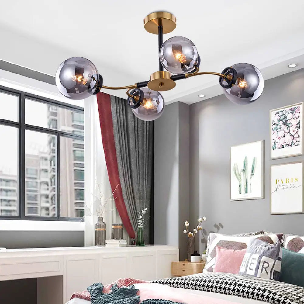 Modern Sphere Semi-Flush Ceiling Light In White/Smoke Gray Glass With 4/6/8 Lights For Living Room