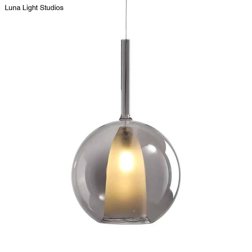 Modern Spherical Hanging Pendant Light - Smoke Gray/Clear Glass 1 Bulb 6’/7’ Wide