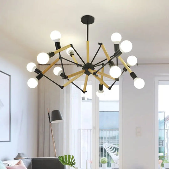 Modern Spider Chandelier With Black And Wood Accents For Loft Style Living Rooms 12 /