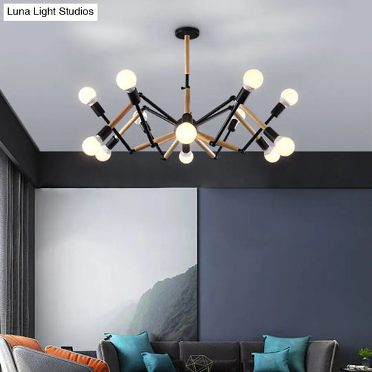 Modern Black Metal Spider Chandelier With Wooden Accents - Loft Style Ceiling Hang Light For Living