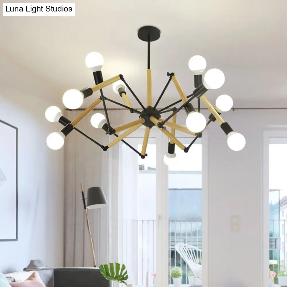 Modern Black Metal Spider Chandelier With Wooden Accents - Loft Style Ceiling Hang Light For Living