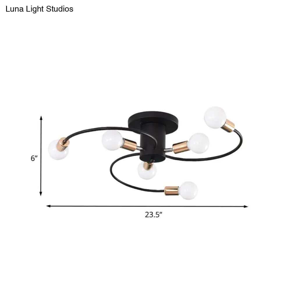 Modern Spiral Arm Semi Flush Lighting | 6-Bulb Black & Gold Ceiling Lamp