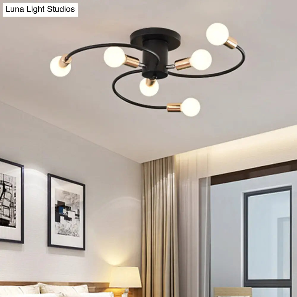 Modern Spiral Arm Semi Flush Lighting | 6-Bulb Black & Gold Ceiling Lamp