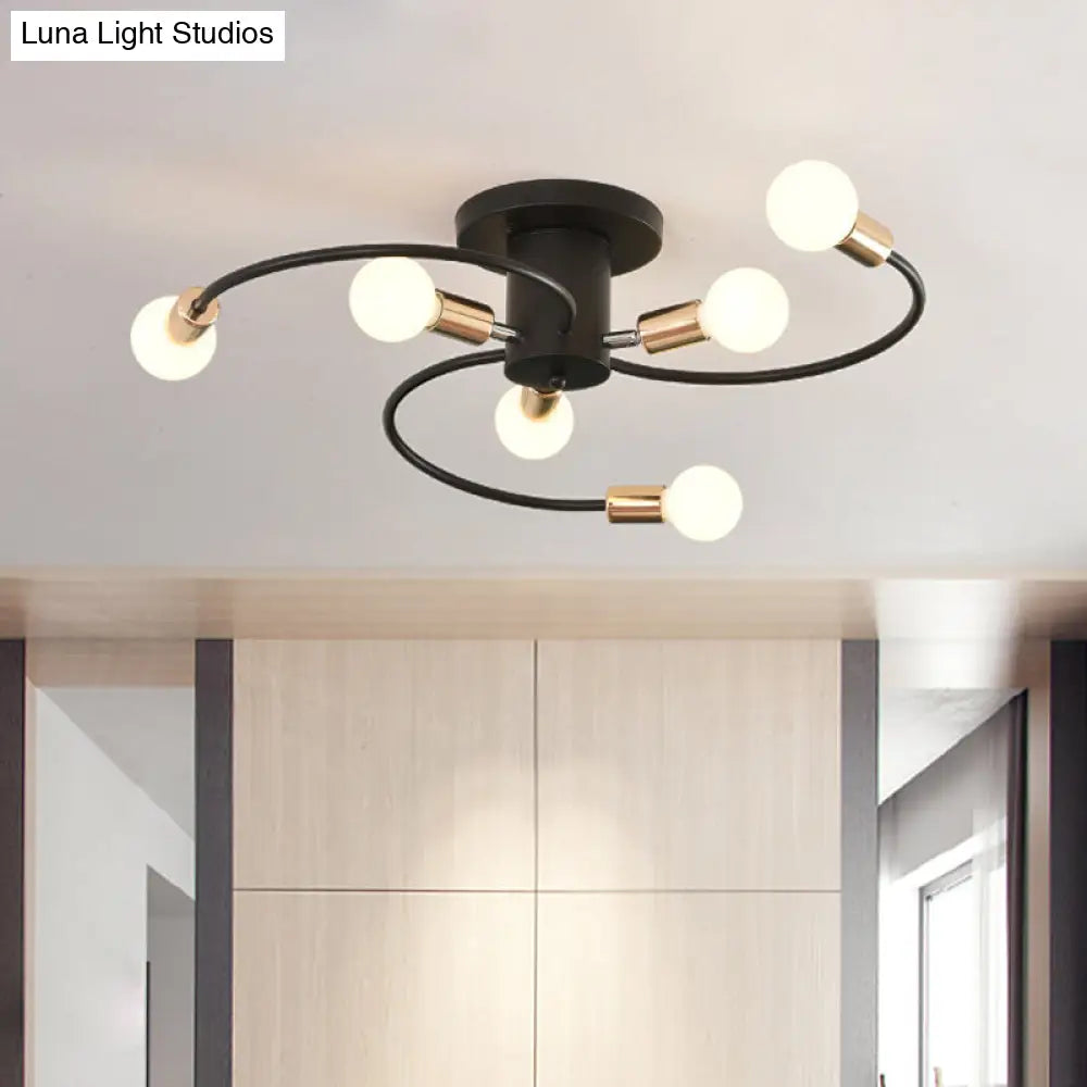 Modern Spiral Arm Semi Flush Lighting | 6-Bulb Black & Gold Ceiling Lamp Black-Gold