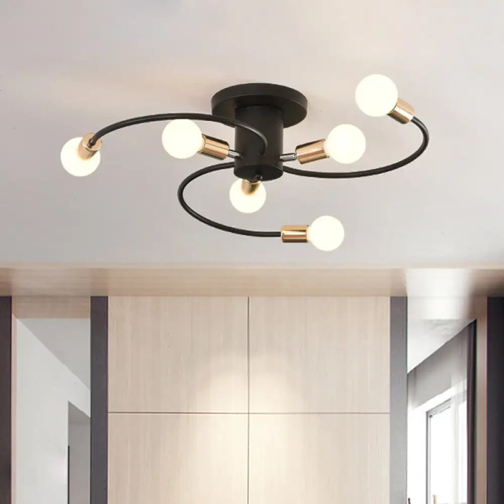 Modern Spiral Arm Semi Flush Lighting | 6 - Bulb Black & Gold Ceiling Lamp Black - Gold