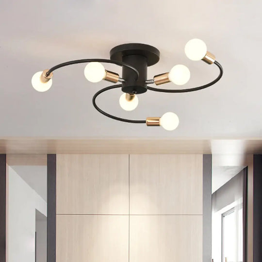 Modern Spiral Arm Semi Flush Lighting | 6 - Bulb Black & Gold Ceiling Lamp Black - Gold