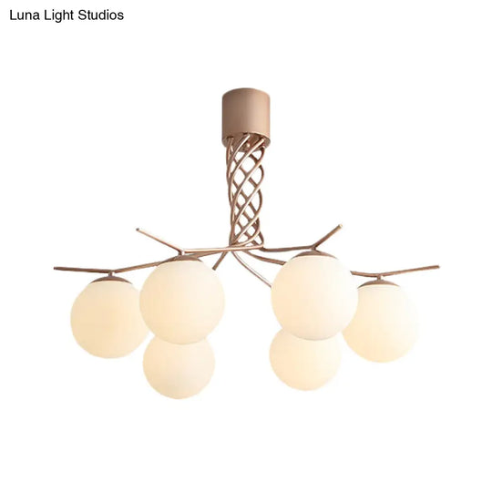 Modern Spiral Chandelier Pendant Light With 6 Iron Heads In Rose Gold And Sphere White Glass Shade