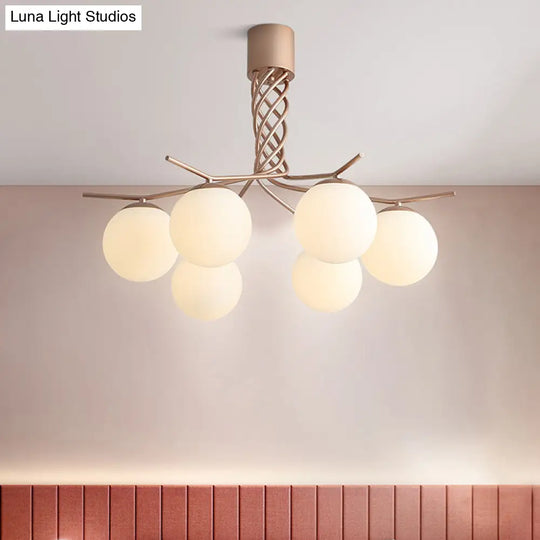 Modern Spiral Chandelier Pendant Light With 6 Iron Heads In Rose Gold And Sphere White Glass Shade