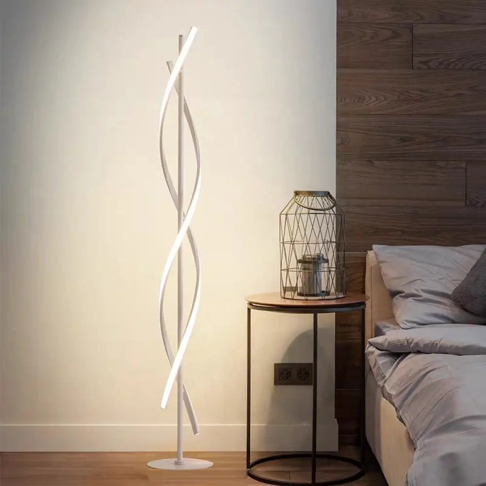 Modern Spiral Floor Lamp - Metallic Black/White Led Stand Up Light For Bedroom White / Warm