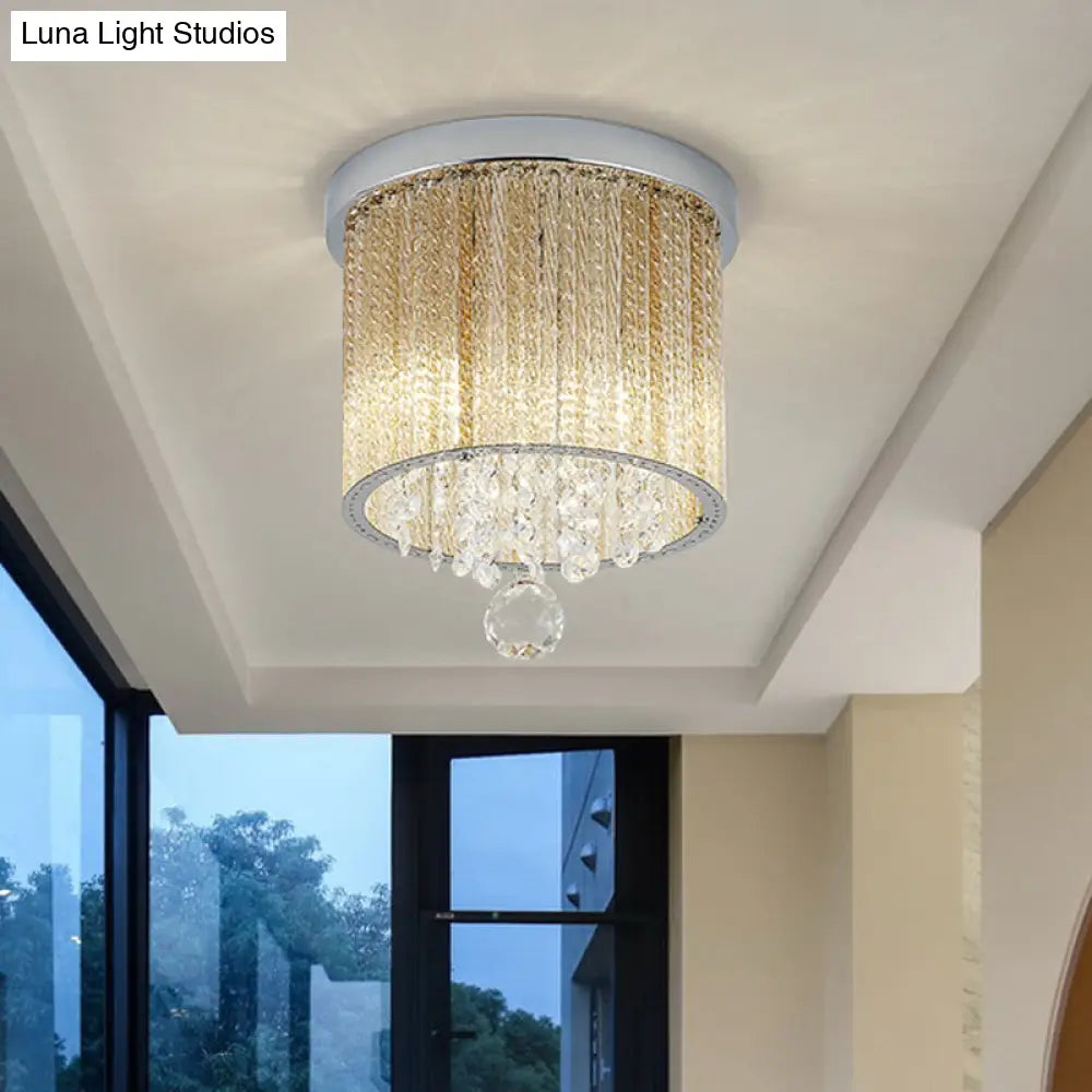 Modern Spiral Glass Rod Ceiling Light 2-Light Flush Mount Chrome With Crystal Drop 7/10 Wide