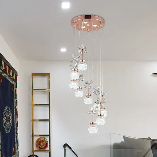 Modern Spiral Lattice Glass Ceiling Lamp - 9 Bulbs Gold Finish With Warm/White Light / Warm