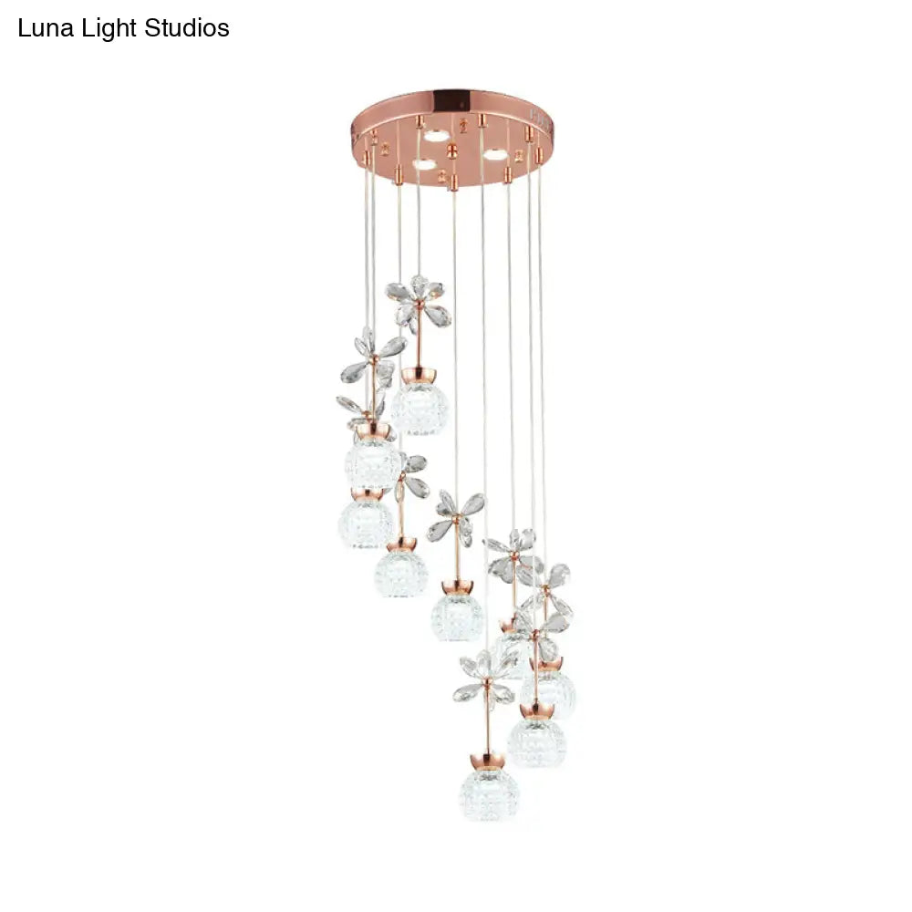 Gold Spiral Multi Pendant Ceiling Lamp - Modernist Lattice Glass 9 Bulbs Warm/White Light