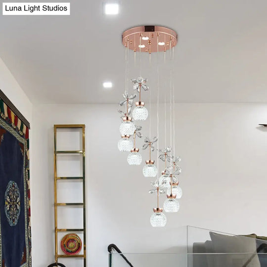 Gold Spiral Multi Pendant Ceiling Lamp - Modernist Lattice Glass 9 Bulbs Warm/White Light / Warm