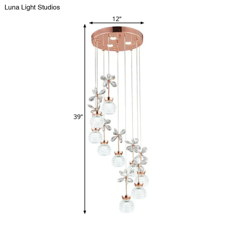 Gold Spiral Multi Pendant Ceiling Lamp - Modernist Lattice Glass 9 Bulbs Warm/White Light