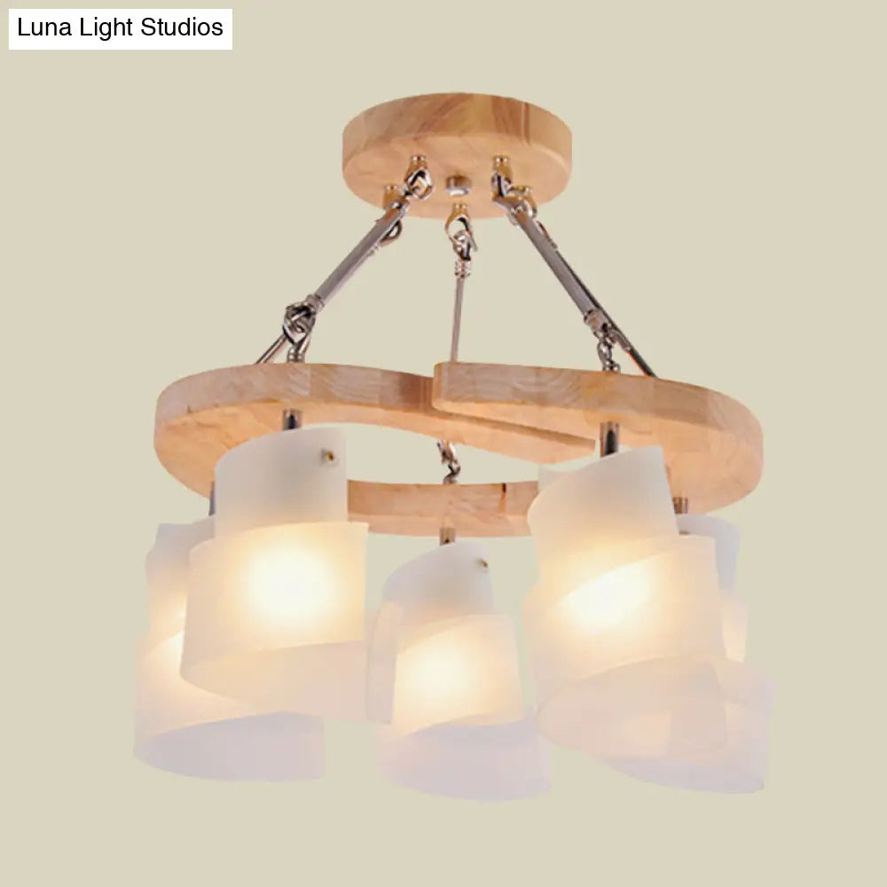 Modern Spiral Panel Chandelier With Frosted Glass Wood Shelf And Multiple Bulb Options