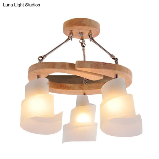 Modern Spiral Panel Chandelier With Frosted Glass Wood Shelf And Multiple Bulb Options