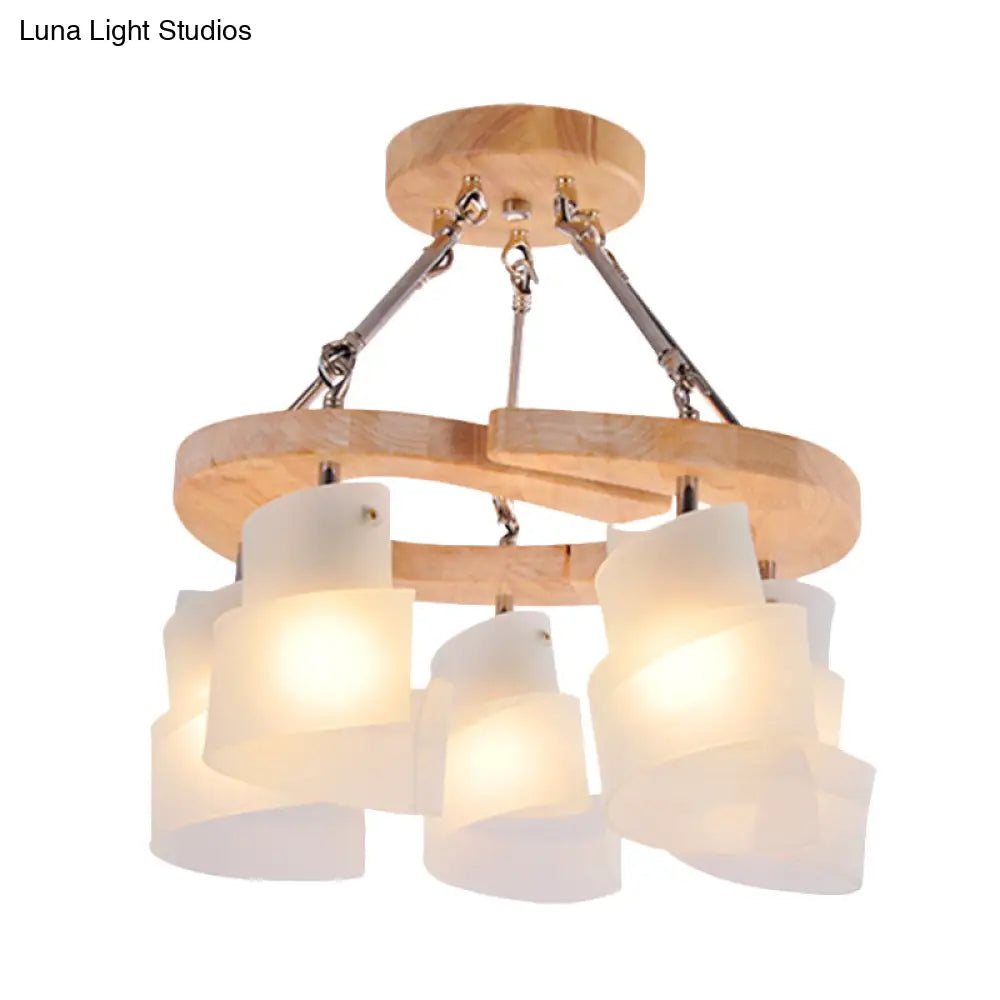 Modern Spiral Panel Chandelier With Frosted Glass Wood Shelf And Multiple Bulb Options