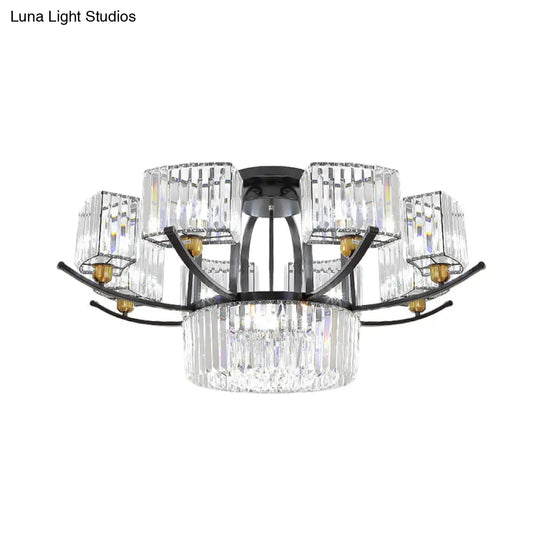 Modern Sputnik Crystal Block Flush Light Fixture - 9/12 Head Semi Mount In Black