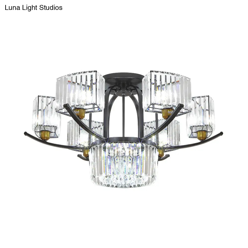 Modern Sputnik Crystal Block Flush Light Fixture - 9/12 Head Semi Mount In Black