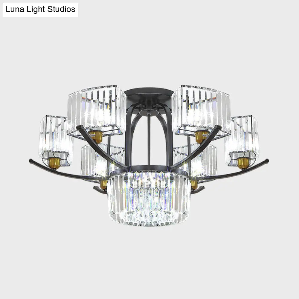 Modern Sputnik Crystal Block Flush Light Fixture - 9/12 Head Semi Mount In Black