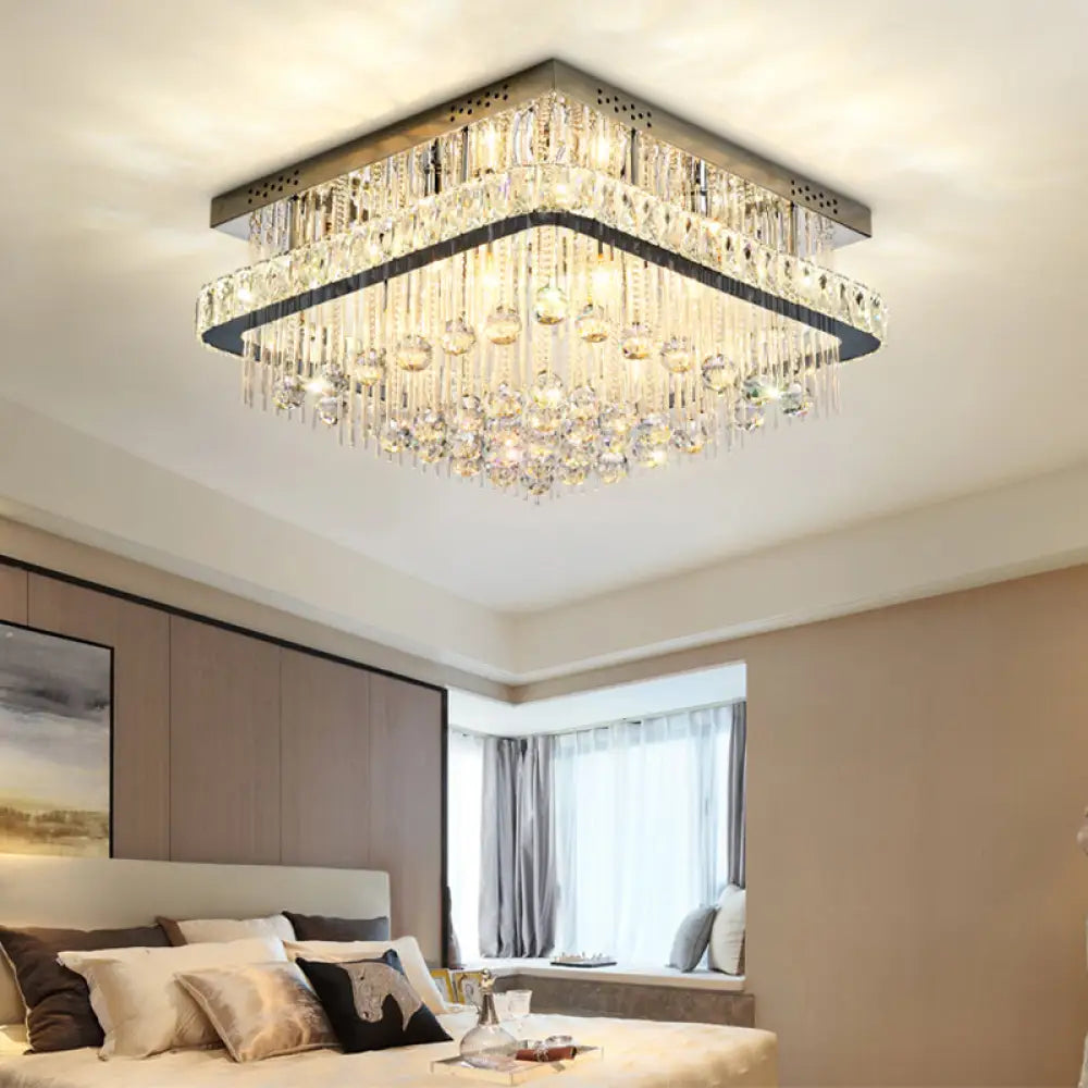 Modern Square Crystal Block Ceiling Light With 8 Heads - Nickel Flush Mount Lamp