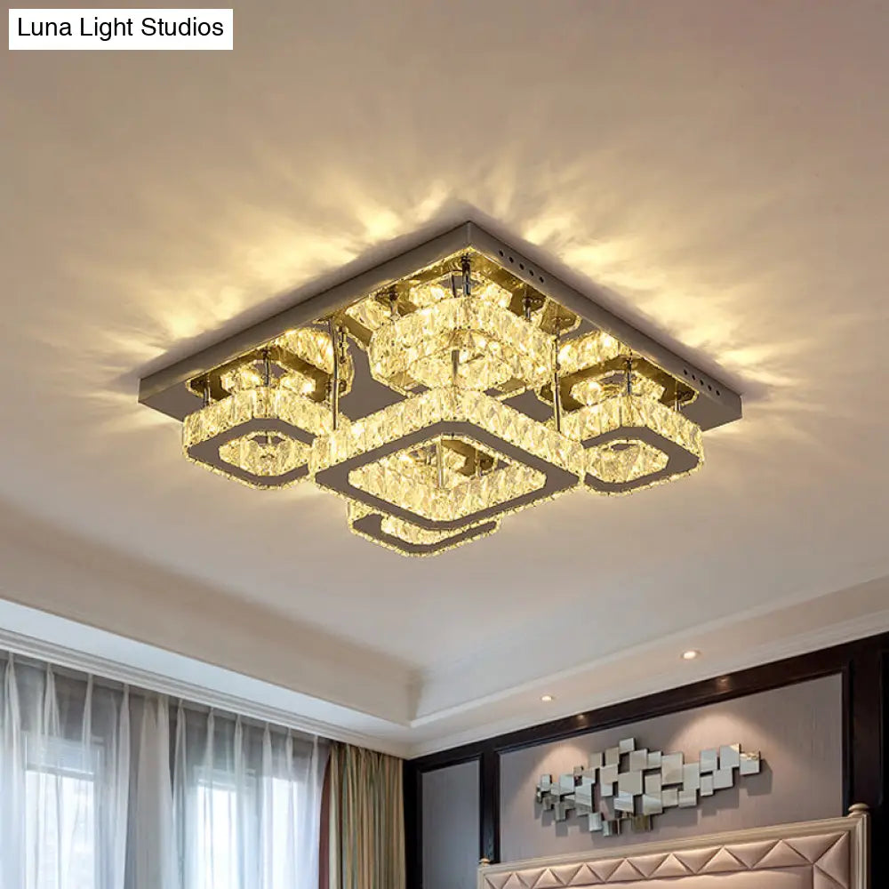 Modern Square Crystal Led Ceiling Flush Mount In Chrome For Sleeping Room