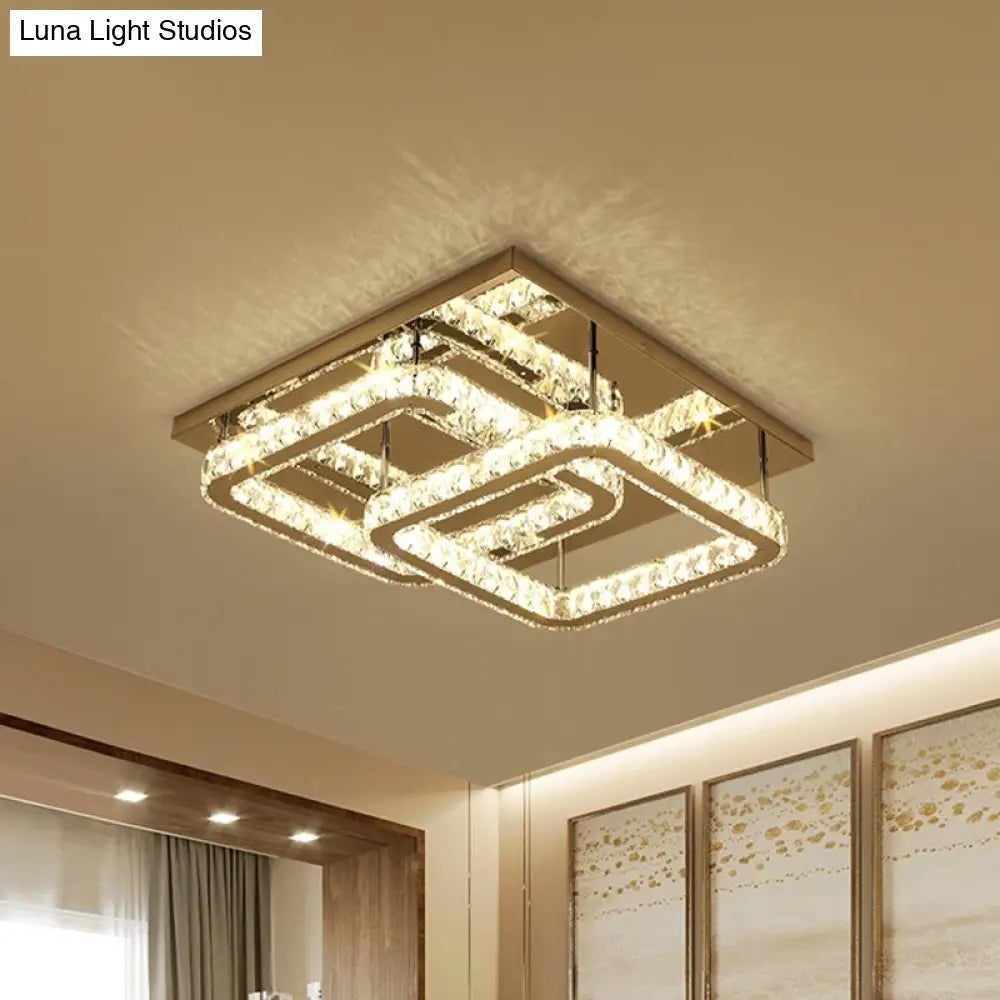 Modern Square Crystal Led Flush Mount Ceiling Light - Chrome Finish | Bedroom Lighting