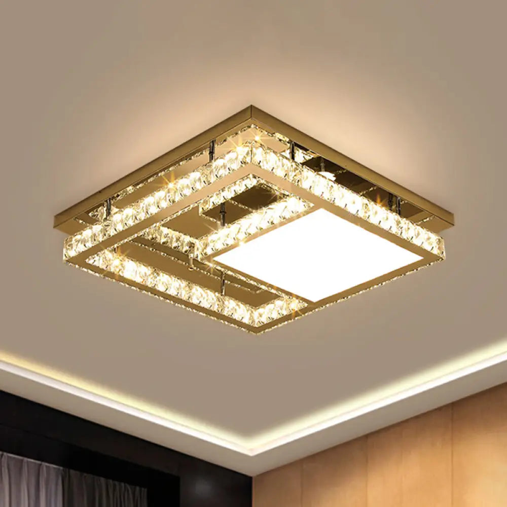 Modern Square Crystal Led Flush Mount Ceiling Light - Chrome Finish | Bedroom Lighting / B