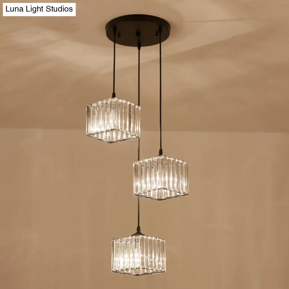 Modern Square Crystal Pendant Light With 3-Bulb Simplicity For Dining Room Ceiling - Black