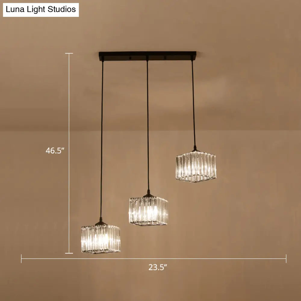 Modern Square Crystal Pendant Light With 3-Bulb Simplicity For Dining Room Ceiling - Black