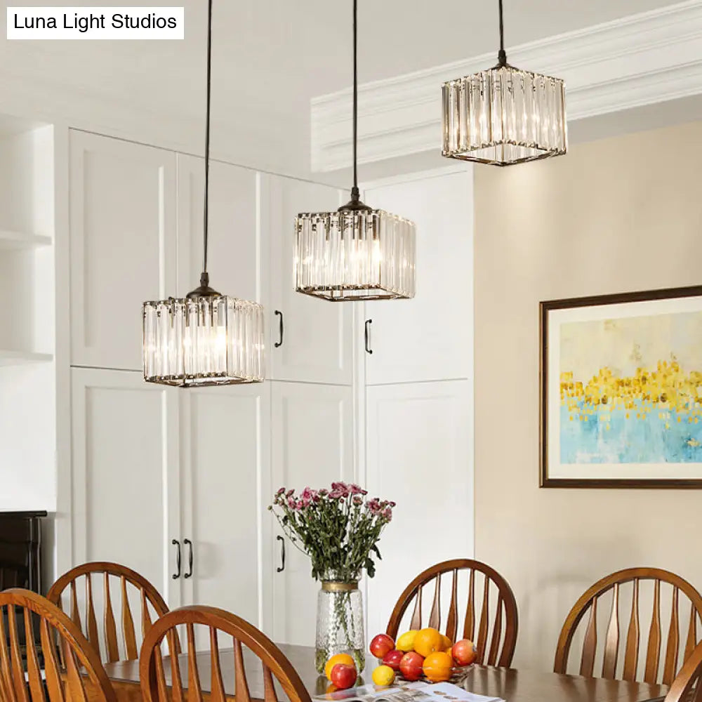 Modern Square Crystal Pendant Light With 3-Bulb Simplicity For Dining Room Ceiling - Black