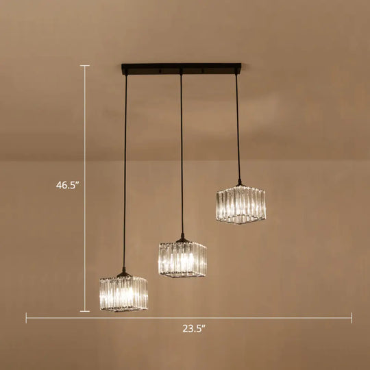 Modern Square Crystal Pendant Light With 3-Bulb Simplicity For Dining Room Ceiling - Black / Linear