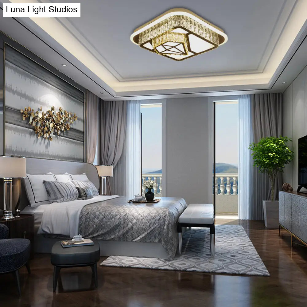 Modern Square/Flower Flush Ceiling Light - Clear Crystal Led White Bedroom