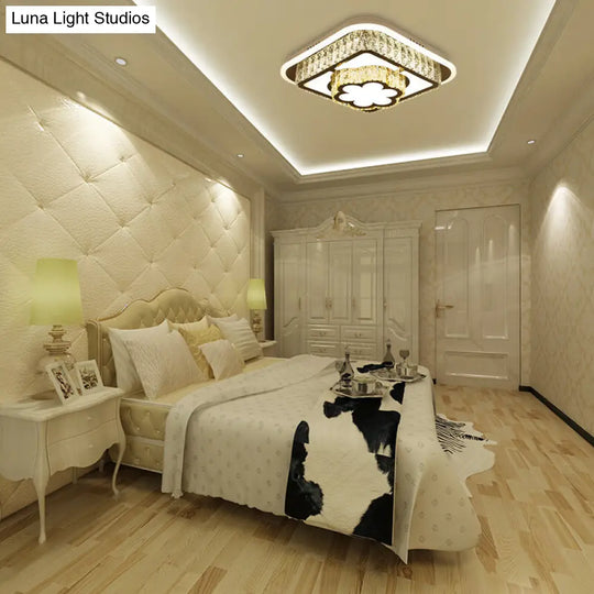 Modern Square/Flower Flush Ceiling Light - Clear Crystal Led White Bedroom
