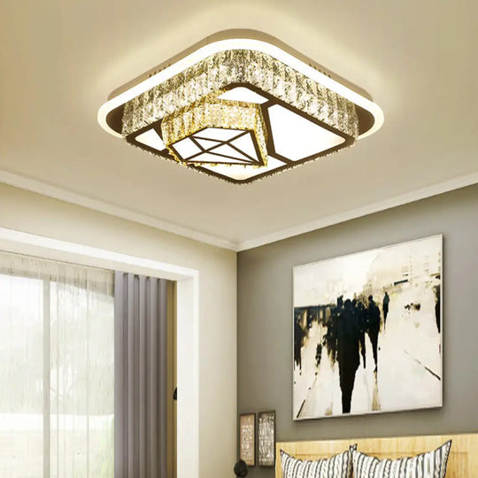 Modern Square/Flower Flush Ceiling Light - Clear Crystal Led White Bedroom / Diamond