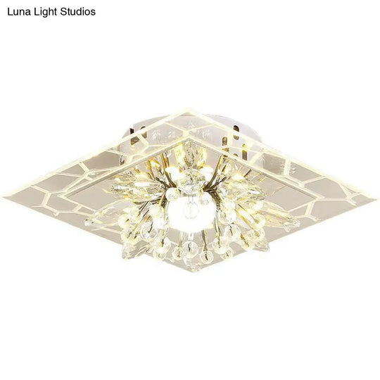 Modern Square Flush Led Ceiling Light Fixture With Clear Crystal - Ideal For Hallways