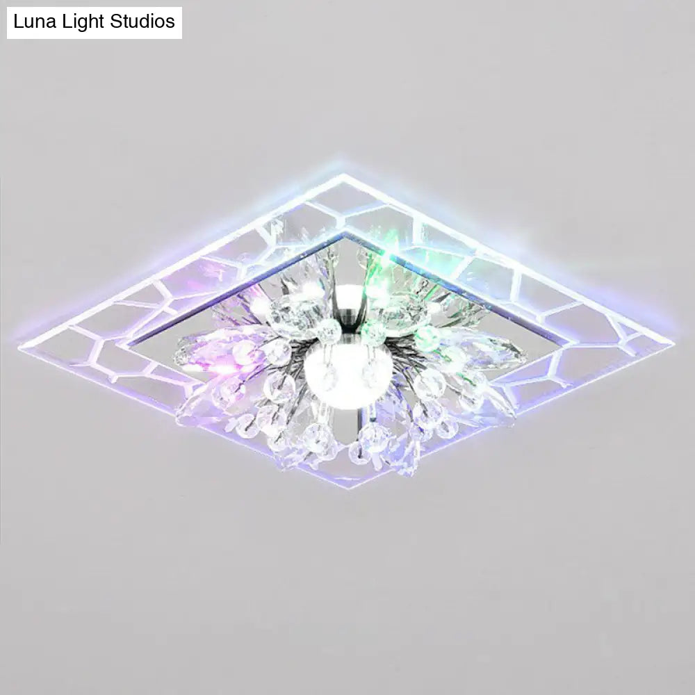 Modern Square Flush Led Ceiling Light Fixture With Clear Crystal - Ideal For Hallways