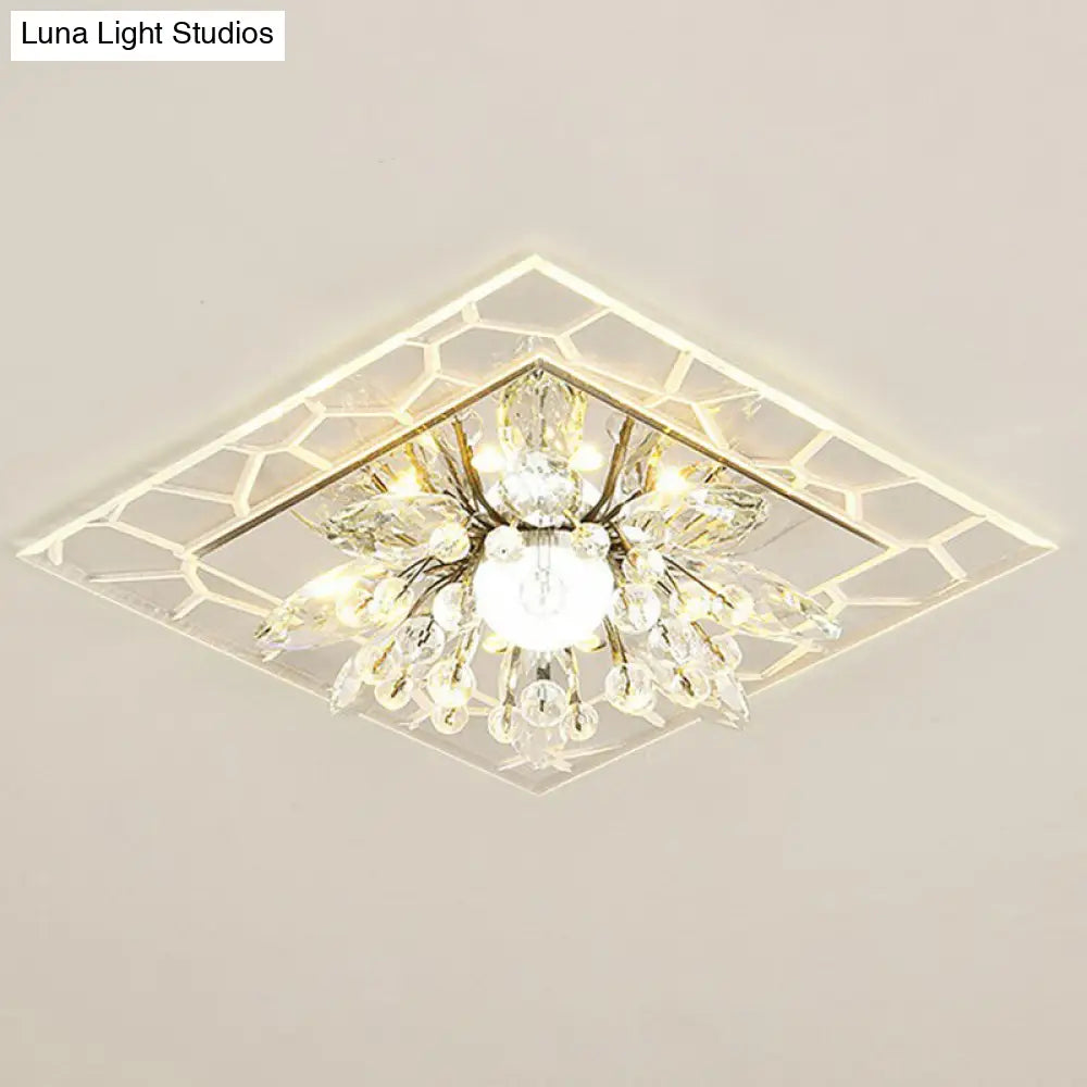 Modern Square Flush Led Ceiling Light Fixture With Clear Crystal - Ideal For Hallways