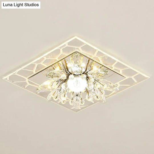 Modern Square Flush Led Ceiling Light Fixture With Clear Crystal - Ideal For Hallways