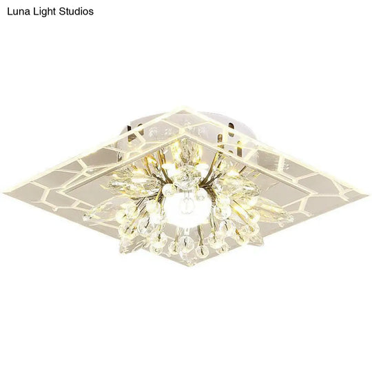 Modern Square Flush Led Ceiling Light Fixture With Clear Crystal - Ideal For Hallways