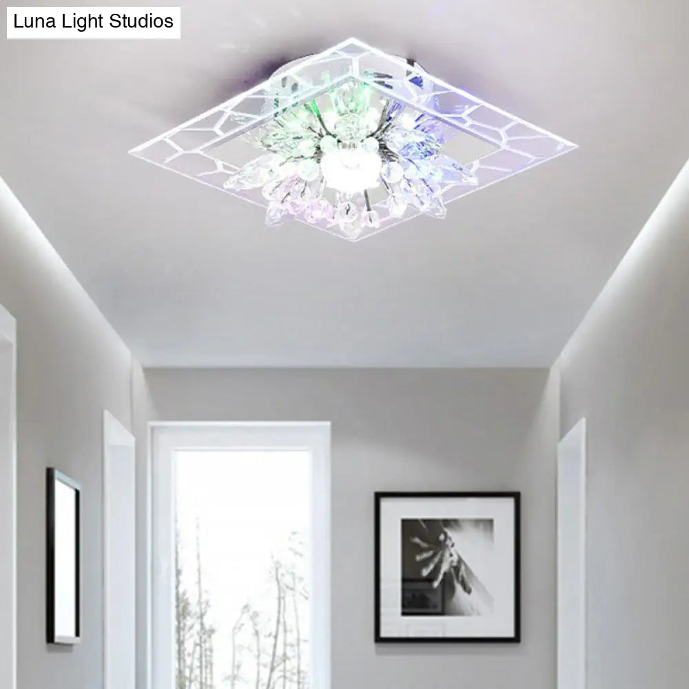 Modern Square Flush Led Ceiling Light Fixture With Clear Crystal - Ideal For Hallways / Multi Color