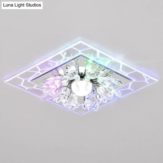 Modern Square Flush Led Ceiling Light Fixture With Clear Crystal - Ideal For Hallways